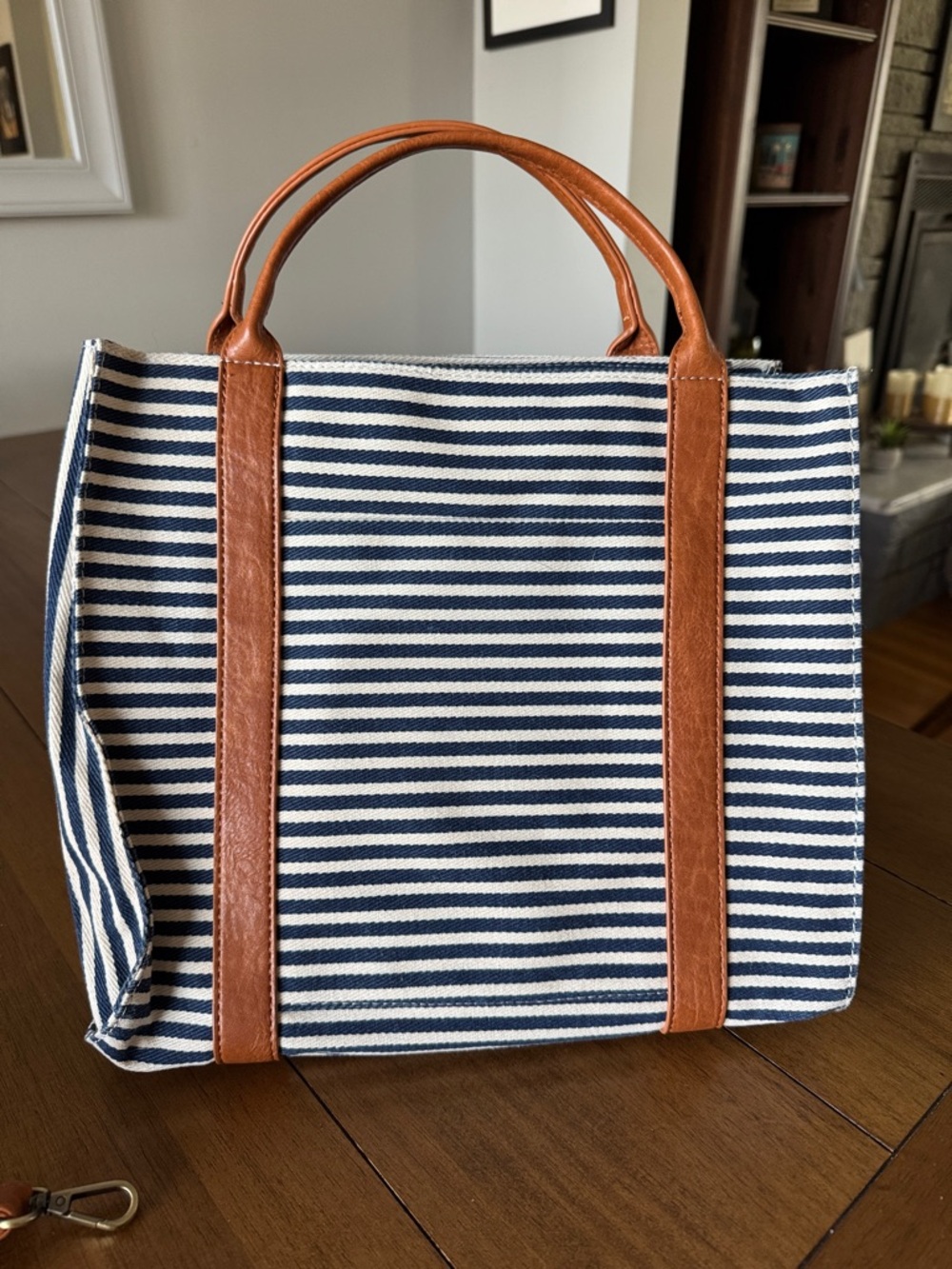 Navy & White Striped Tote with Tan Handles